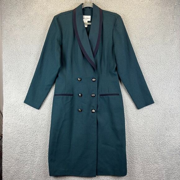 Vtg Double Breasted Dress 12 Military Utilitarian Dark Academia Gingham Plaid - Picture 1 of 11
